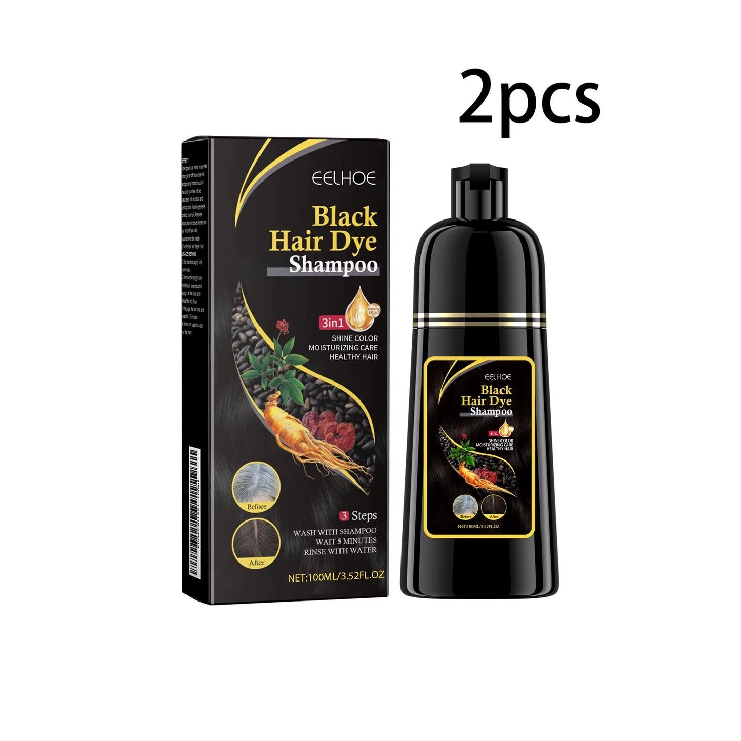 EELHOE 100ml Natural Plant Hair Dye Shampoo 3 in 1 Hair Color Shampoo Quick Dark Black -Women Men Grey Coverage