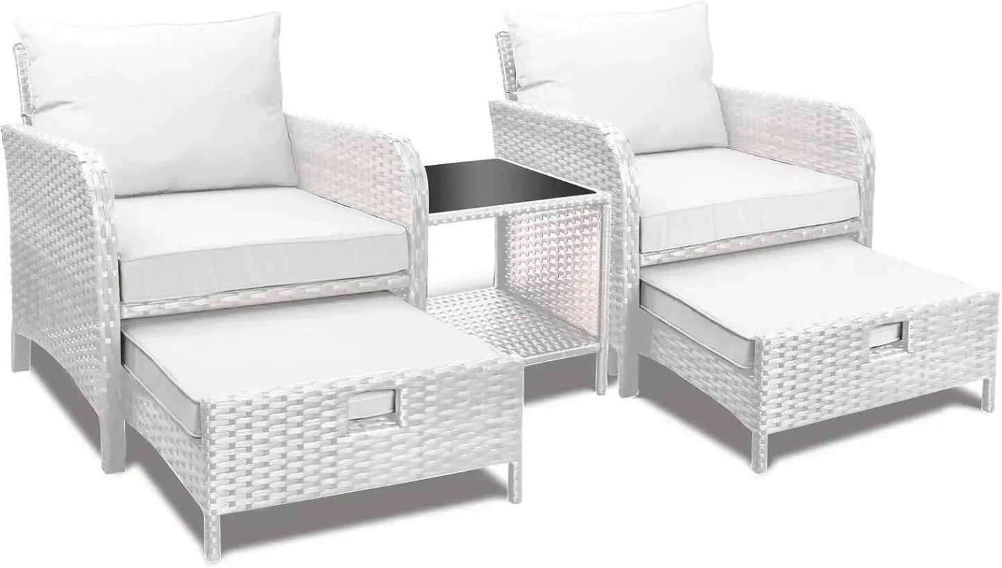 Balcony Furniture 5-Piece Patio Conversation Set – PE Wicker Lounge Chairs with Cushions, 2 Ottomans & Glass Table