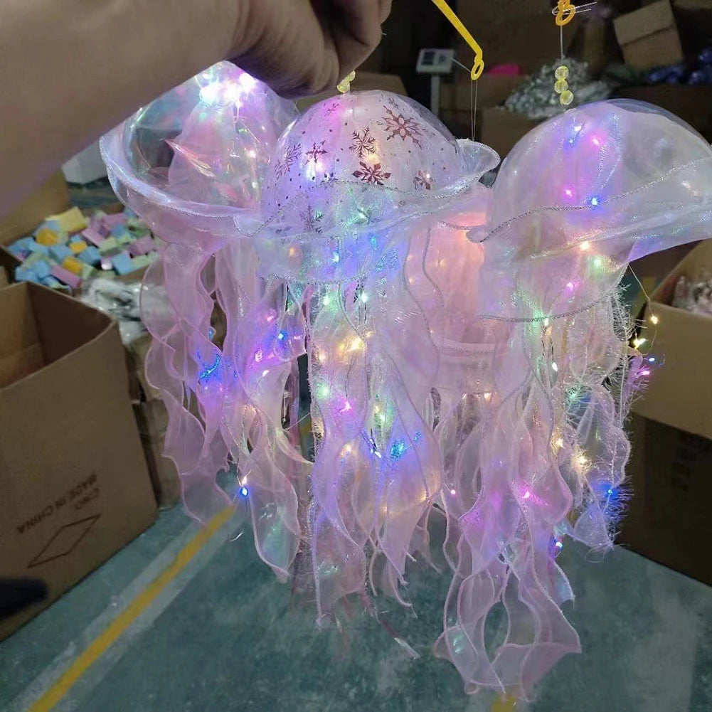 Jellyfish Atmosphere Night Light Button Battery Hanging Ceiling Lantern Realistic with Ribbon&Bead