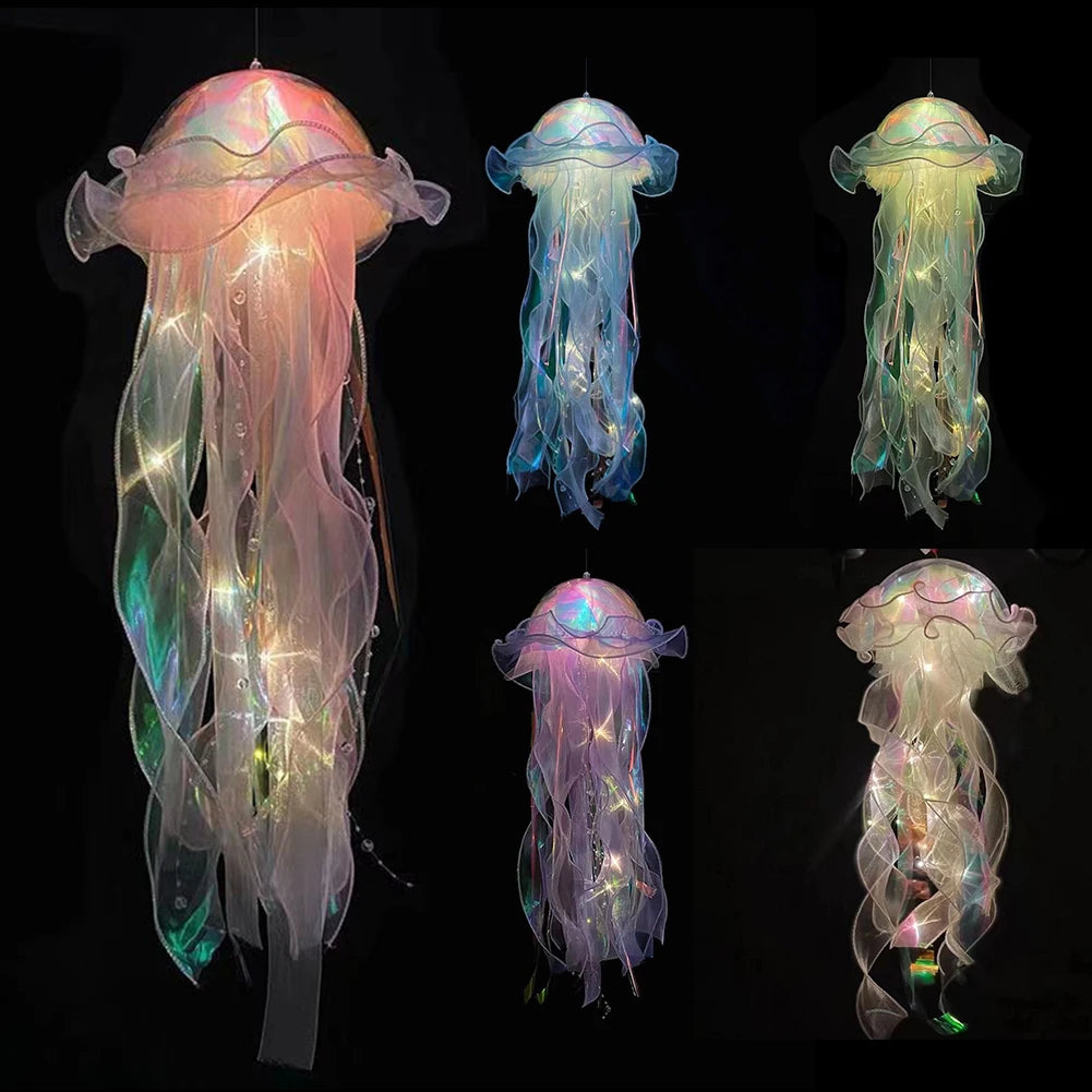 Jellyfish Atmosphere Night Light Button Battery Hanging Ceiling Lantern Realistic with Ribbon&Bead