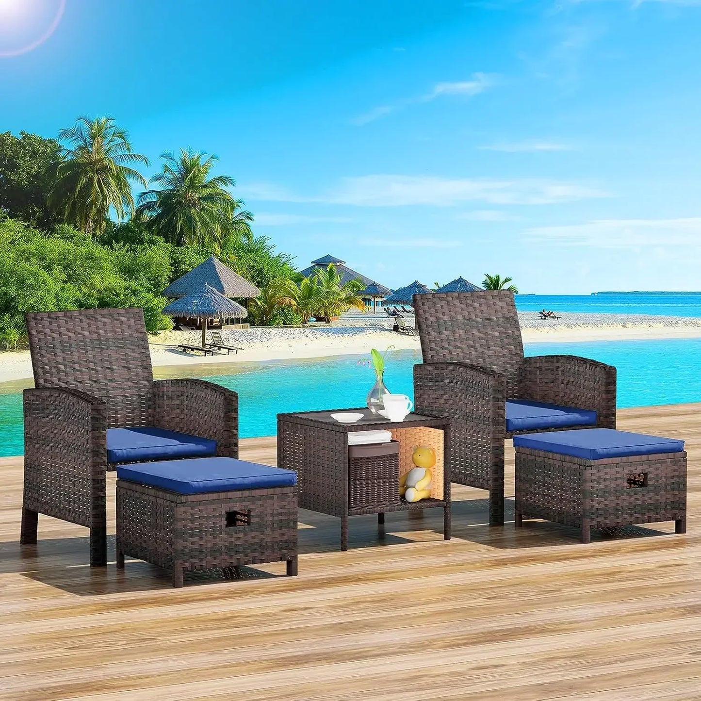 Balcony Furniture 5-Piece Patio Conversation Set – PE Wicker Lounge Chairs with Cushions, 2 Ottomans & Glass Table