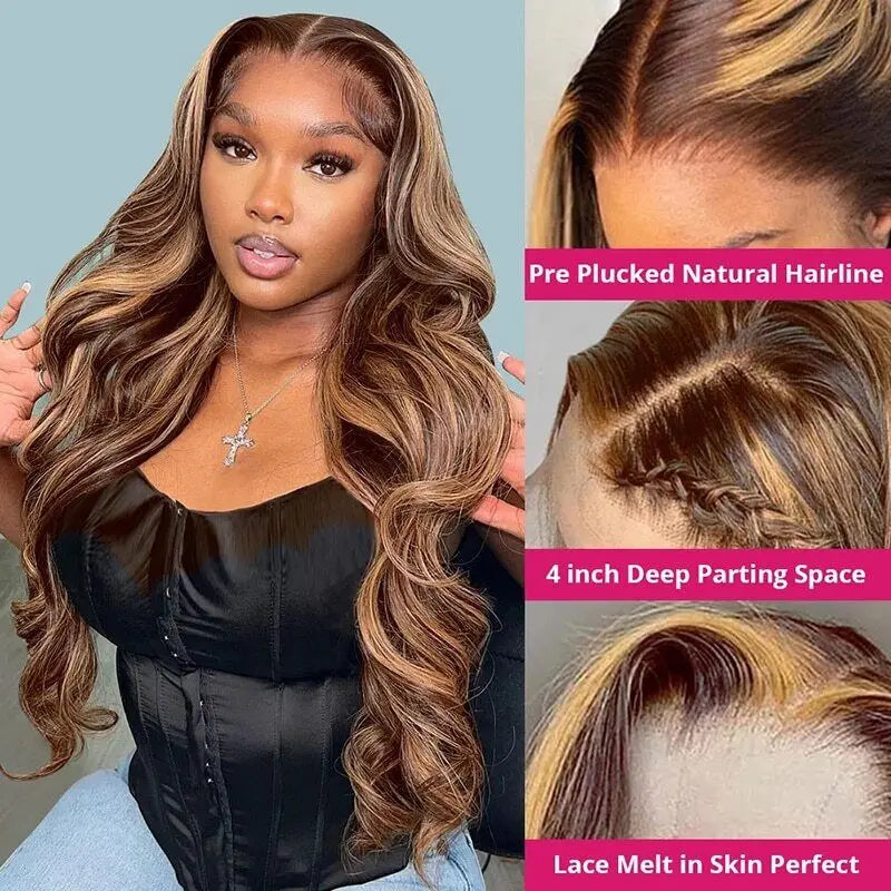 Highlight Ombre Lace Front Wig Human Hair 13x4 Transparent Lace Frontal Wigs Pre Plucked Body Wave Honey Blonde Wigs for Women