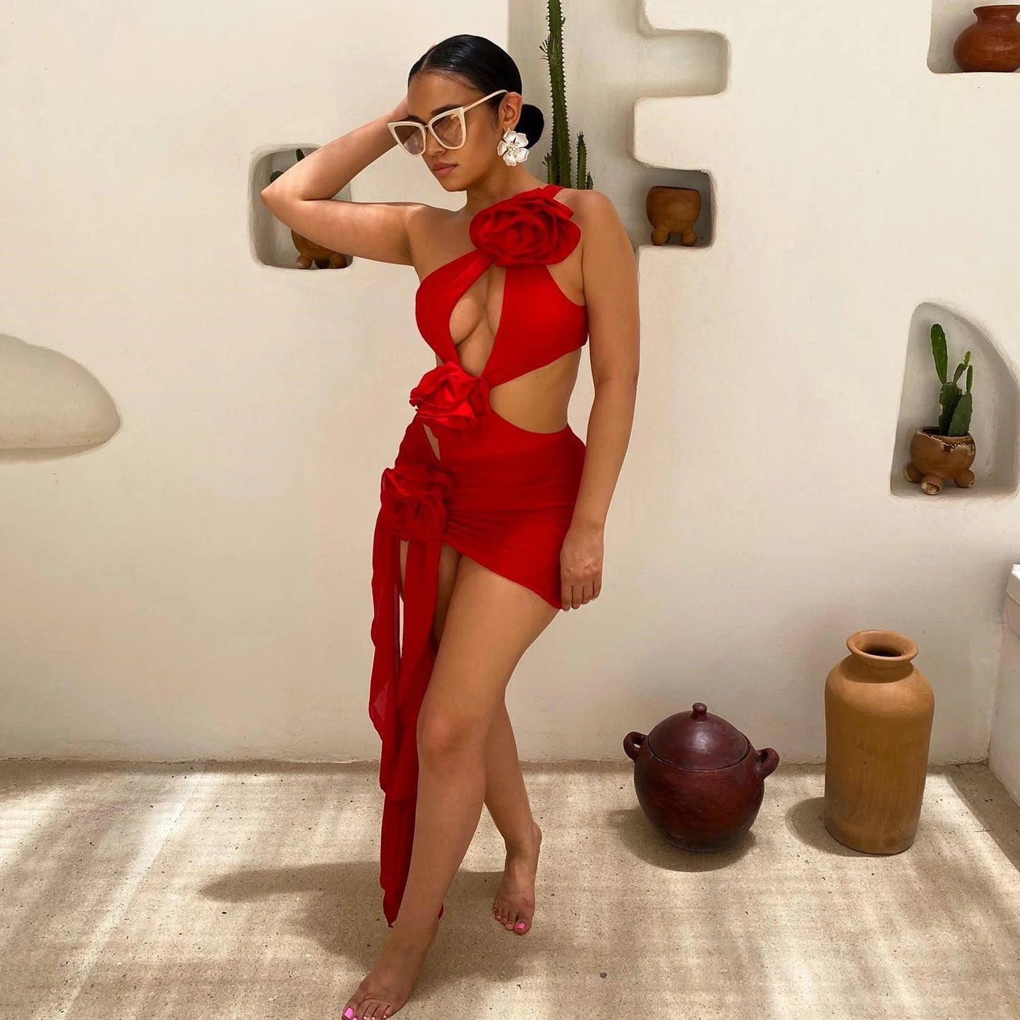 2025 Red Flower Swimsuit With Cover Up Desire Swim Suit Luxury Women Swimwear