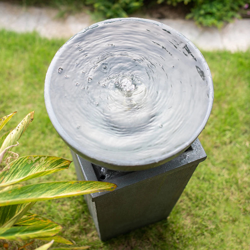 35.5" Polyresin Gray Zen Bowl Water Fountain, Outdoor Bird Feeder /Bath Fountains, Relaxing Water Feature for Garden Lawn