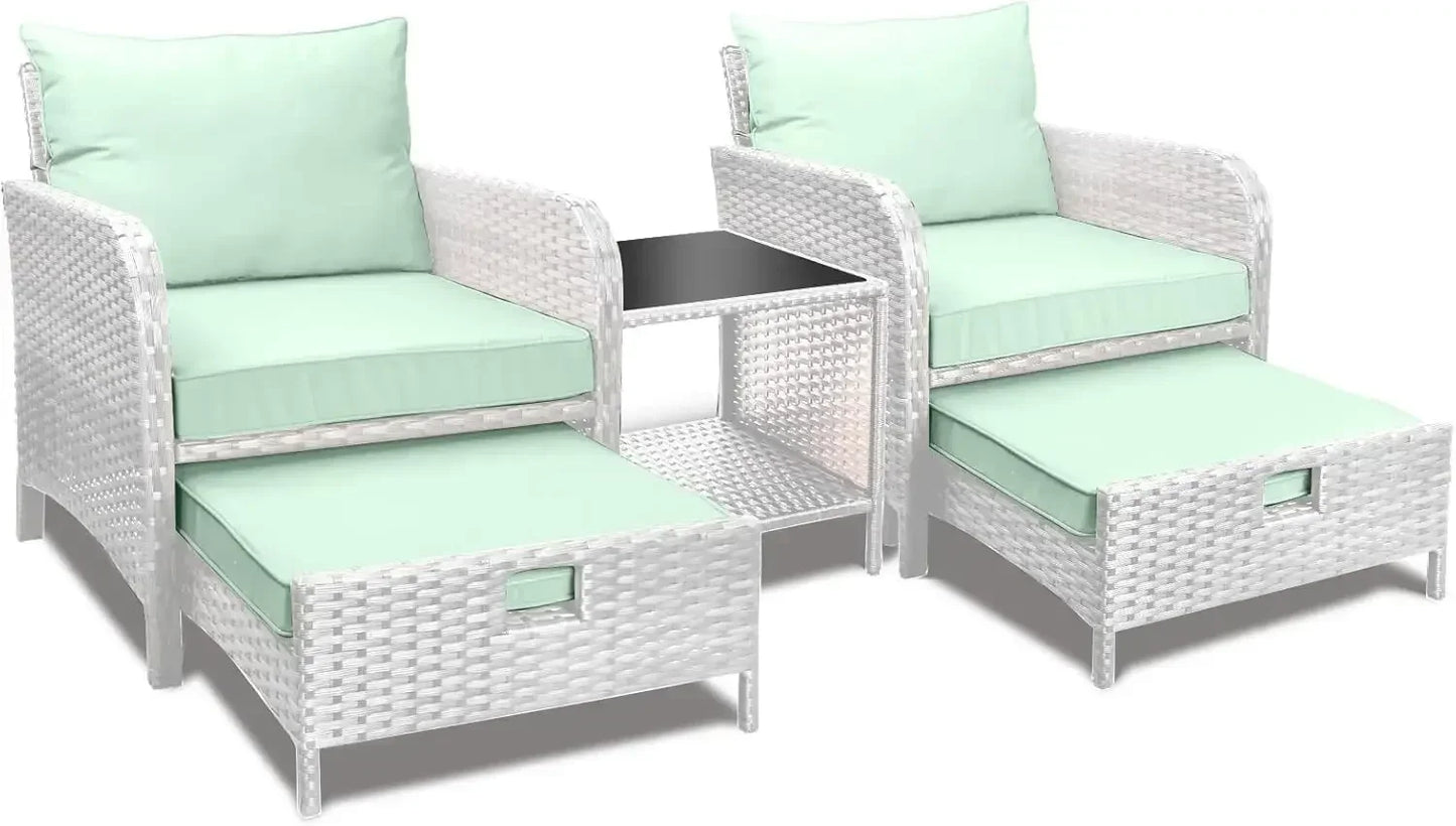 Balcony Furniture 5-Piece Patio Conversation Set – PE Wicker Lounge Chairs with Cushions, 2 Ottomans & Glass Table