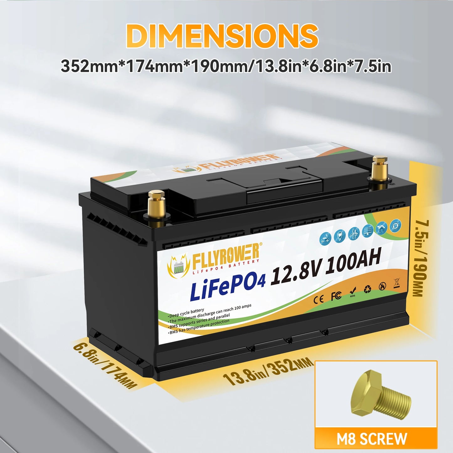 FLLYROWTH 12V 100Ah LiFePo4 Lithium Battery Pack 100A BMS Motors Inverter Solar Wind