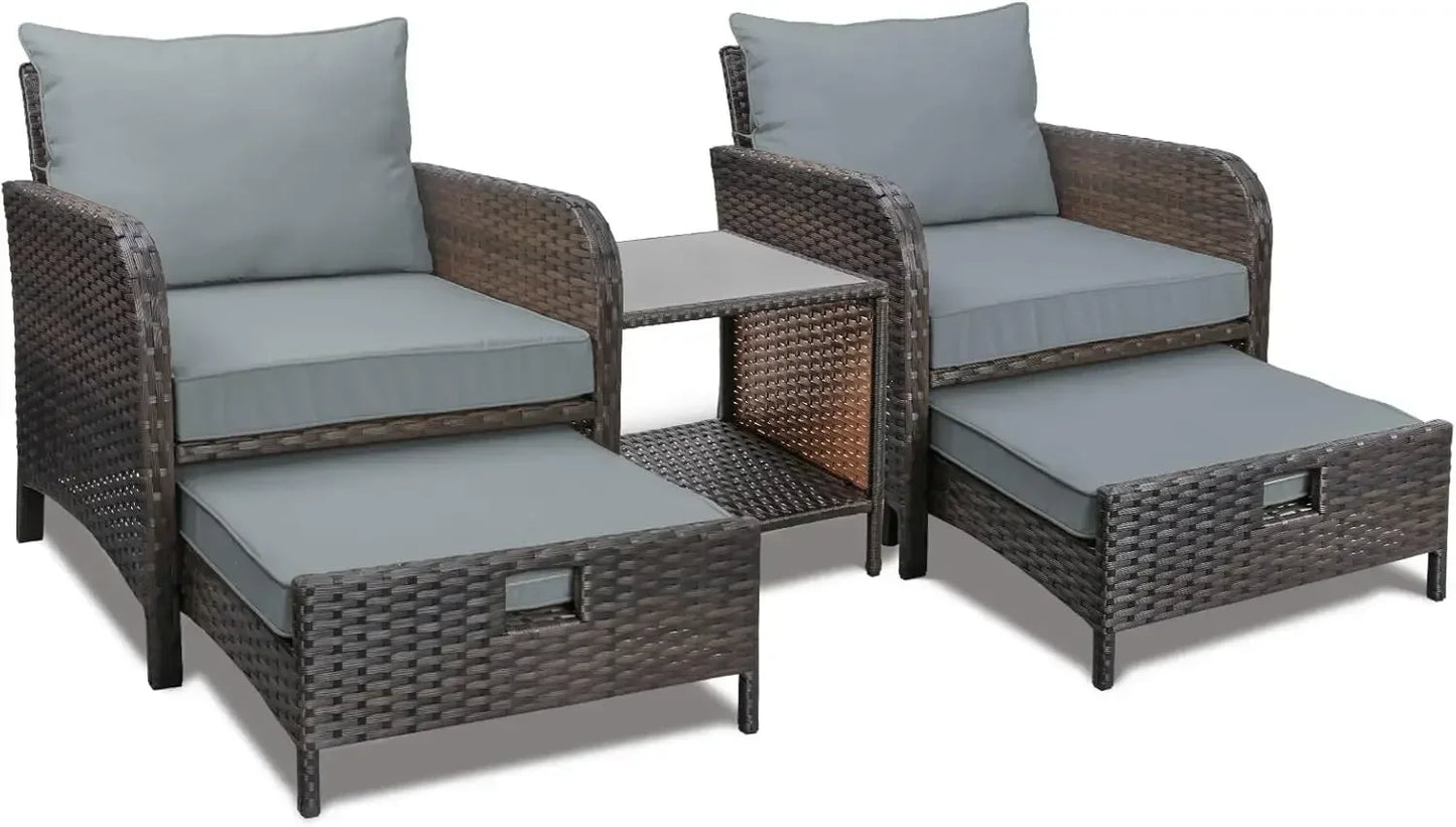 Balcony Furniture 5-Piece Patio Conversation Set – PE Wicker Lounge Chairs with Cushions, 2 Ottomans & Glass Table