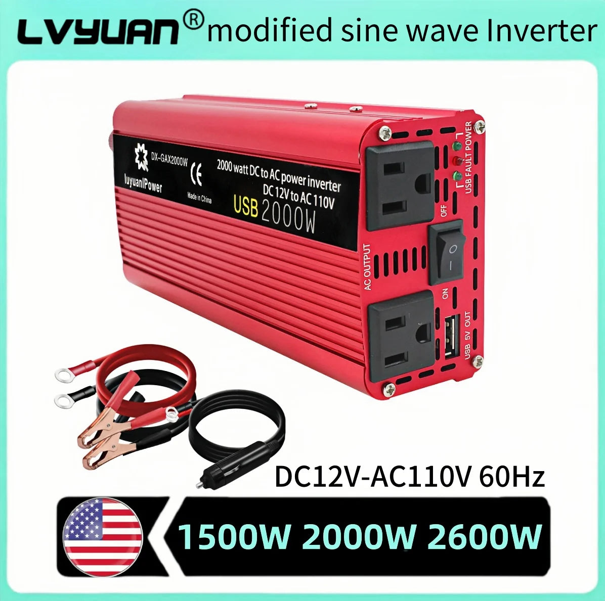 AC110V Power Inverter DC/AC 12V to 120V Car Inversor Socket 60Hz Outdoor Battery Adapter