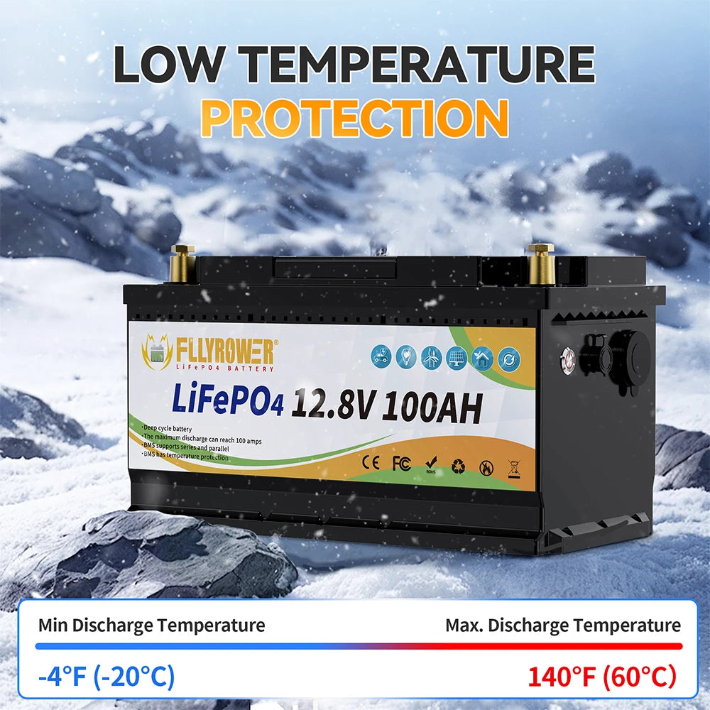 FLLYROWTH 12V 100Ah LiFePo4 Lithium Battery Pack 100A BMS Motors Inverter Solar Wind