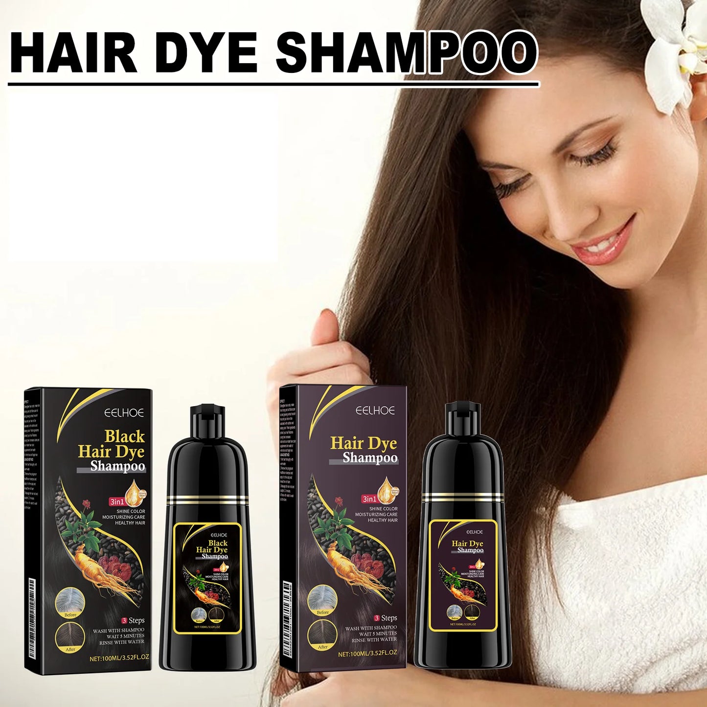 EELHOE 100ml Natural Plant Hair Dye Shampoo 3 in 1 Hair Color Shampoo Quick Dark Black -Women Men Grey Coverage