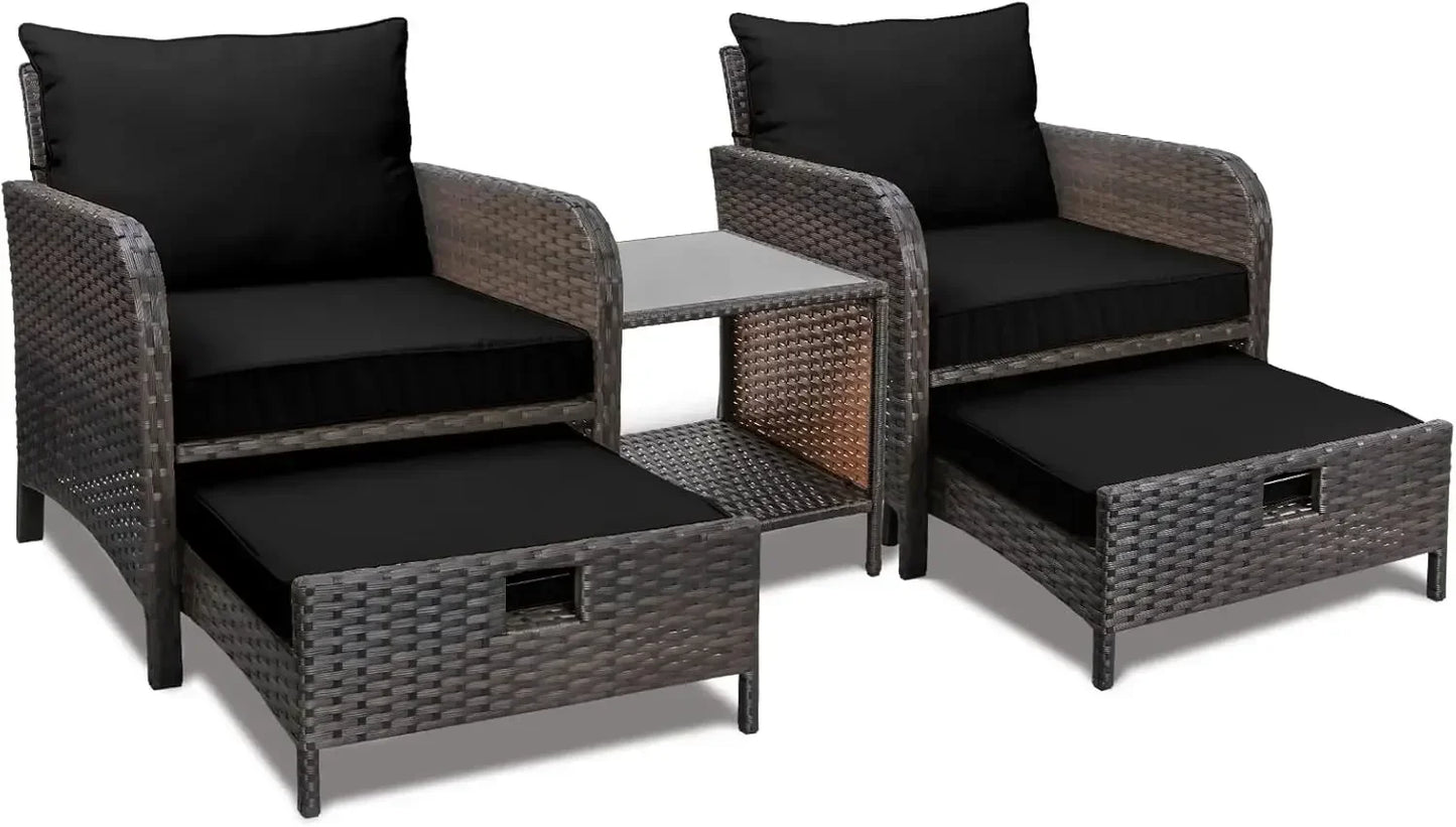 Balcony Furniture 5-Piece Patio Conversation Set – PE Wicker Lounge Chairs with Cushions, 2 Ottomans & Glass Table