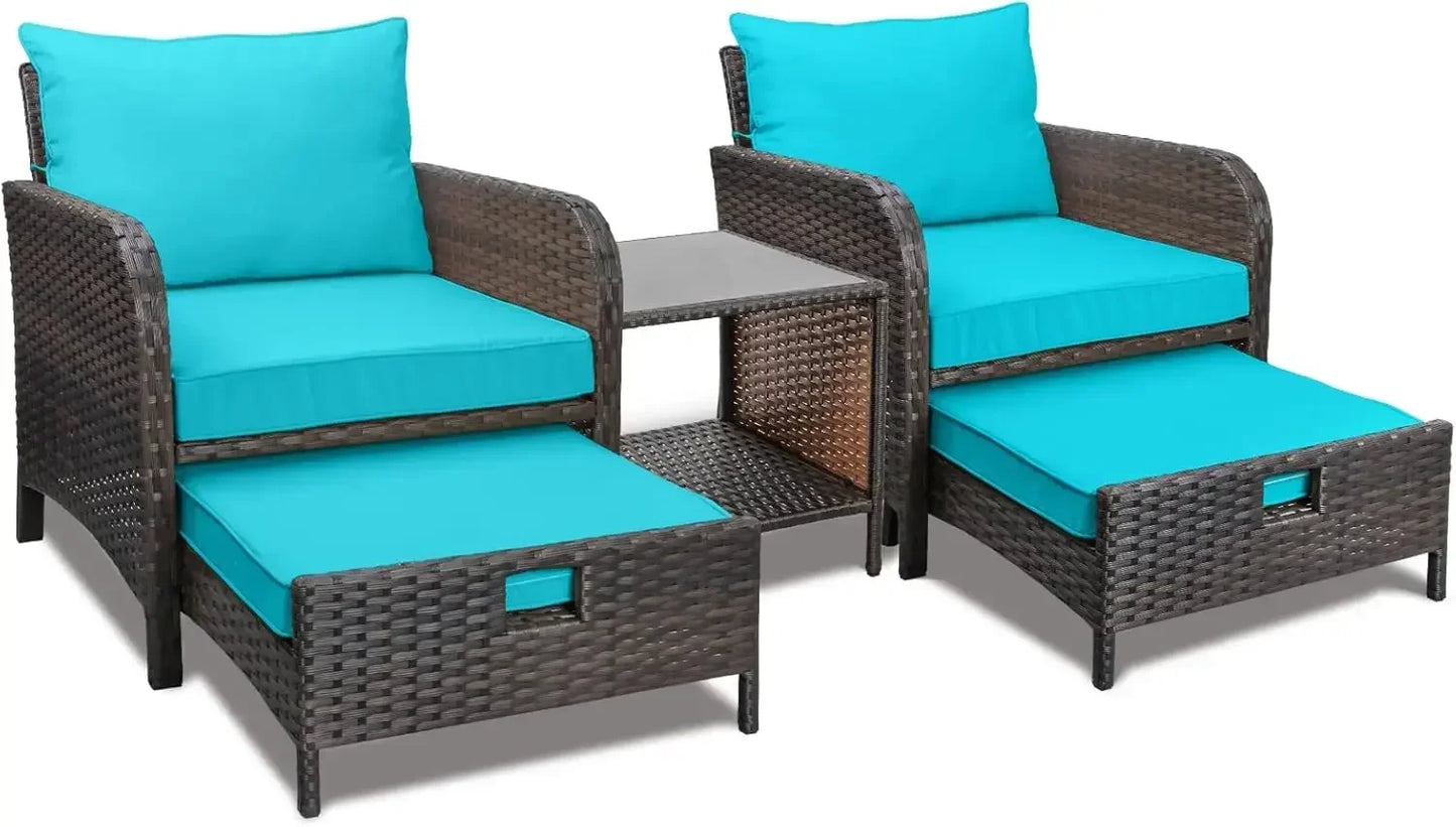 Balcony Furniture 5-Piece Patio Conversation Set – PE Wicker Lounge Chairs with Cushions, 2 Ottomans & Glass Table