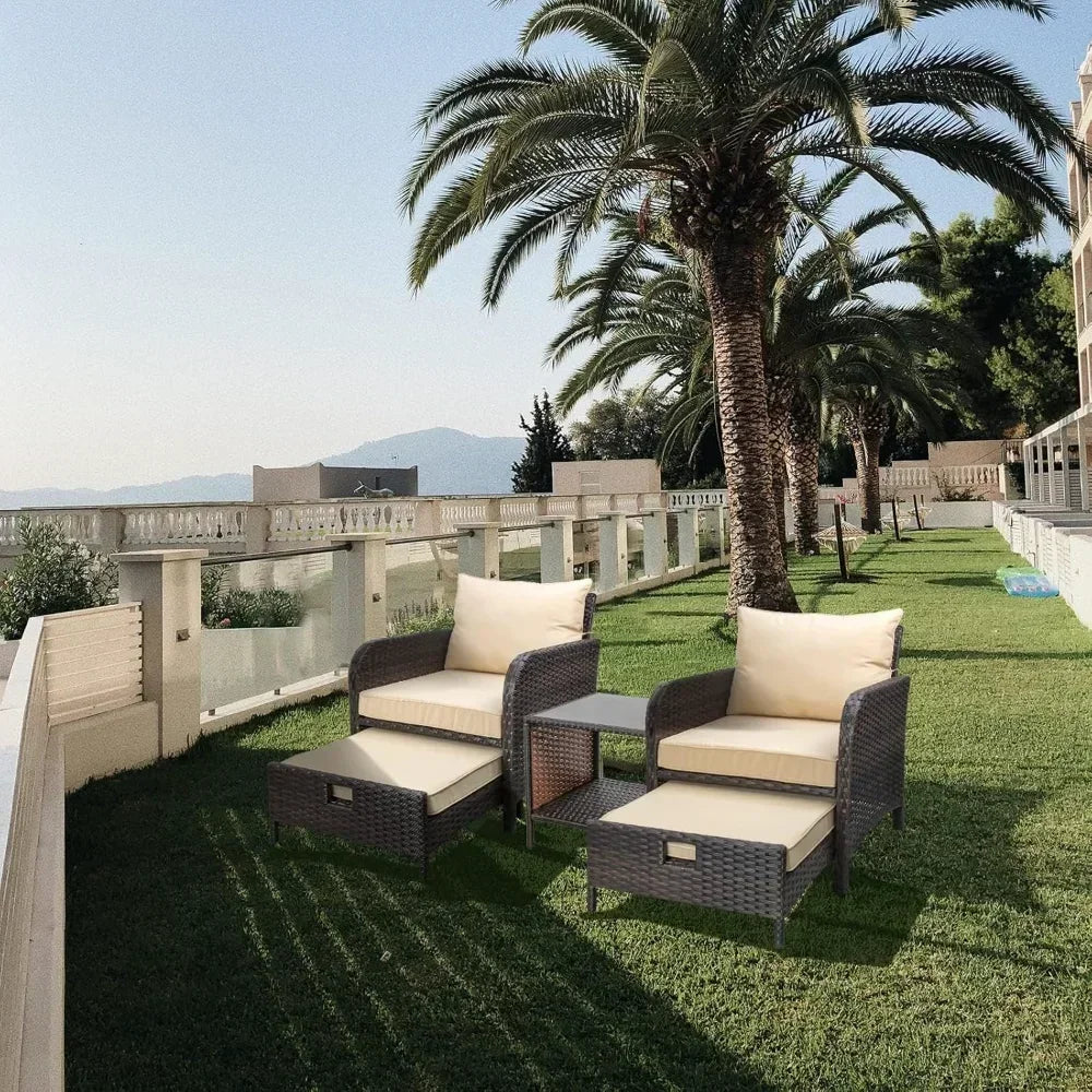 Balcony Furniture 5-Piece Patio Conversation Set – PE Wicker Lounge Chairs with Cushions, 2 Ottomans & Glass Table