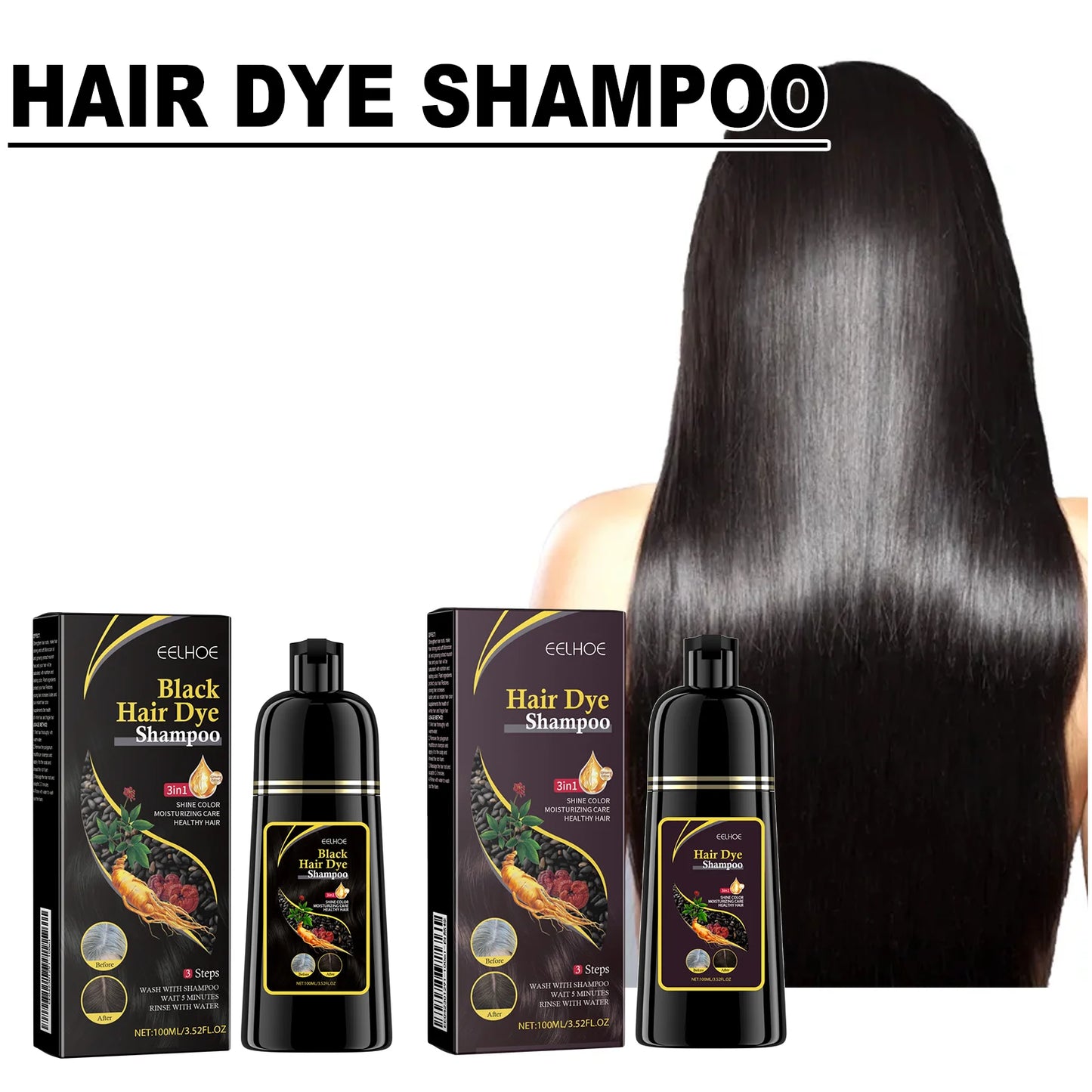 EELHOE 100ml Natural Plant Hair Dye Shampoo 3 in 1 Hair Color Shampoo Quick Dark Black -Women Men Grey Coverage