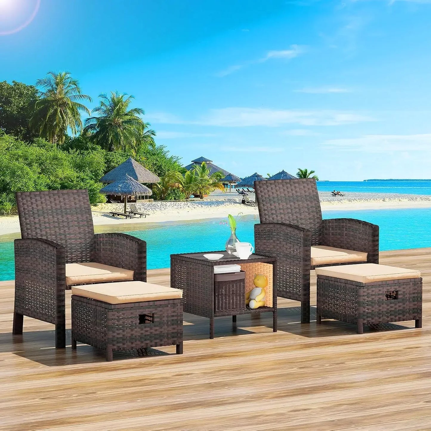Balcony Furniture 5-Piece Patio Conversation Set – PE Wicker Lounge Chairs with Cushions, 2 Ottomans & Glass Table