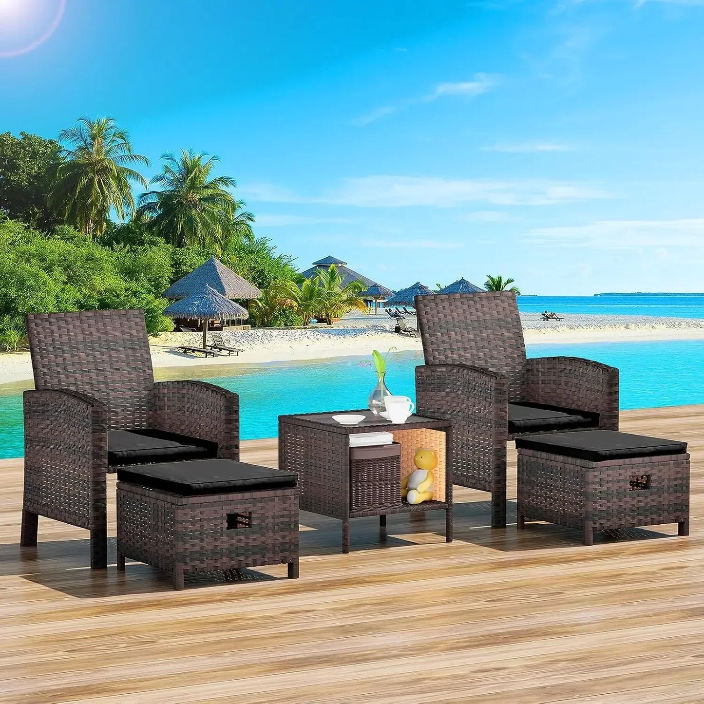 Balcony Furniture 5-Piece Patio Conversation Set – PE Wicker Lounge Chairs with Cushions, 2 Ottomans & Glass Table