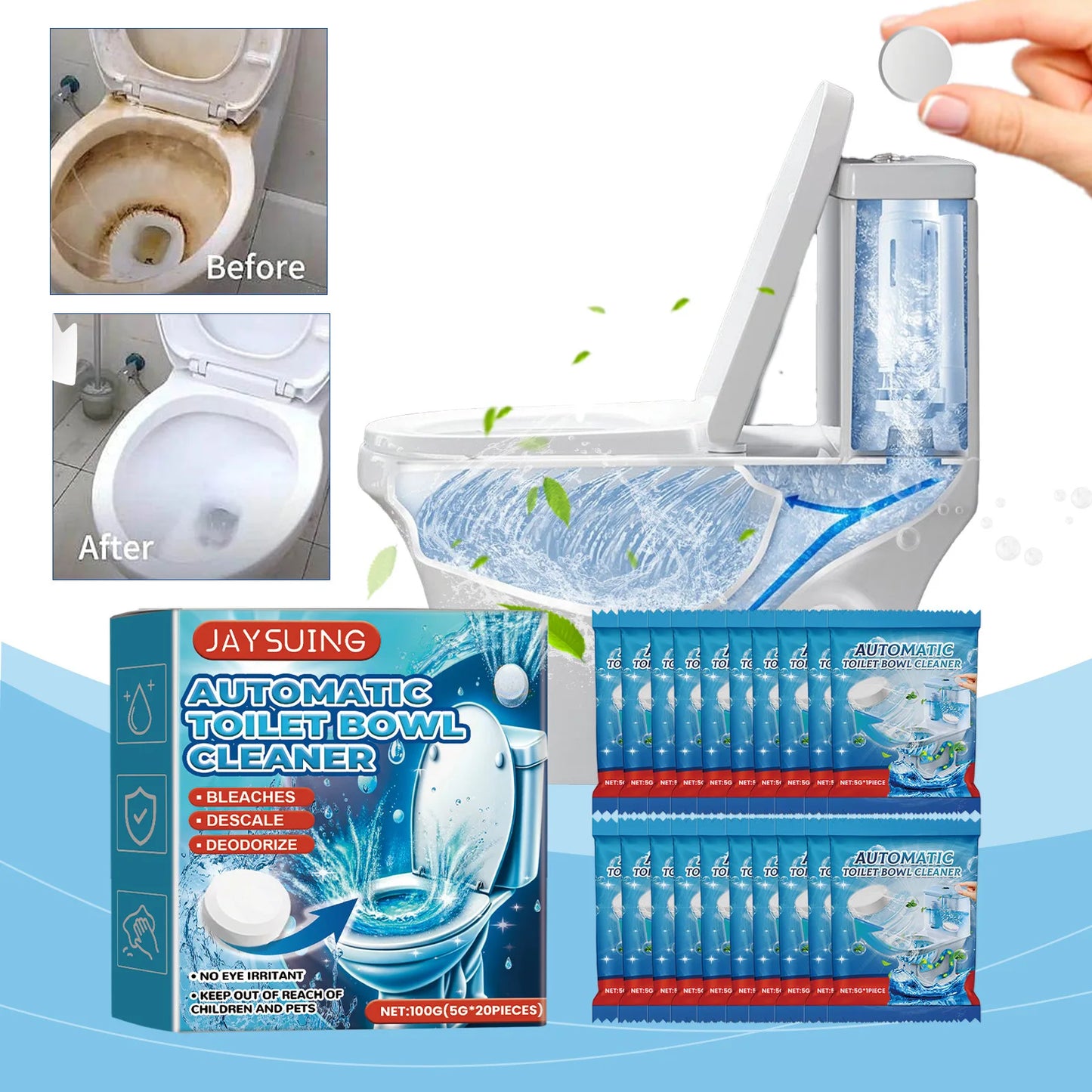 Jaysuing 20pcs Toilet Bowl Cleaner Descaling Deodorizing Urine Odor Stain Remover Tank Decontamination Bathroom Cleaning Tablets