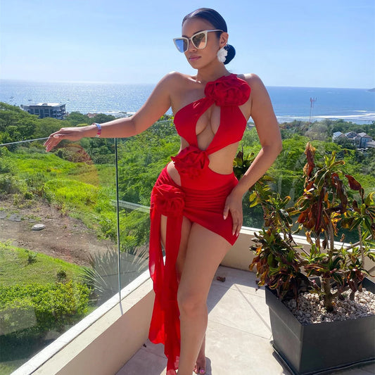 2025 Red Flower Swimsuit With Cover Up Desire Swim Suit Luxury Women Swimwear