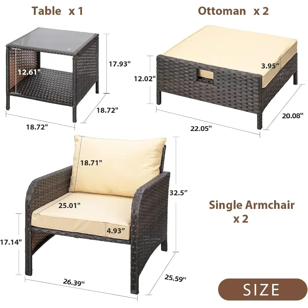 Balcony Furniture 5-Piece Patio Conversation Set – PE Wicker Lounge Chairs with Cushions, 2 Ottomans & Glass Table