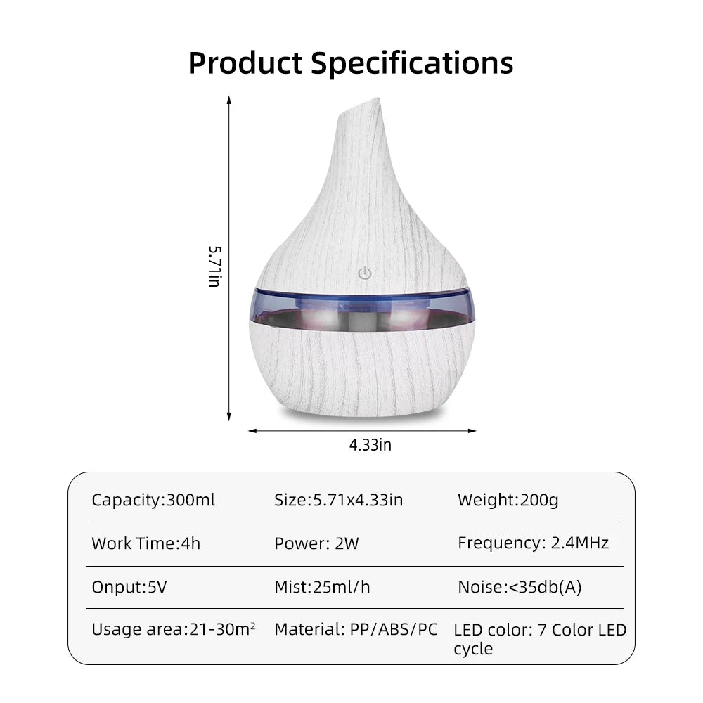 300ml USB Essential Oil Diffusers Ultrasonic Air Humidifier with 7-Color LED lights Cool Mist Maker