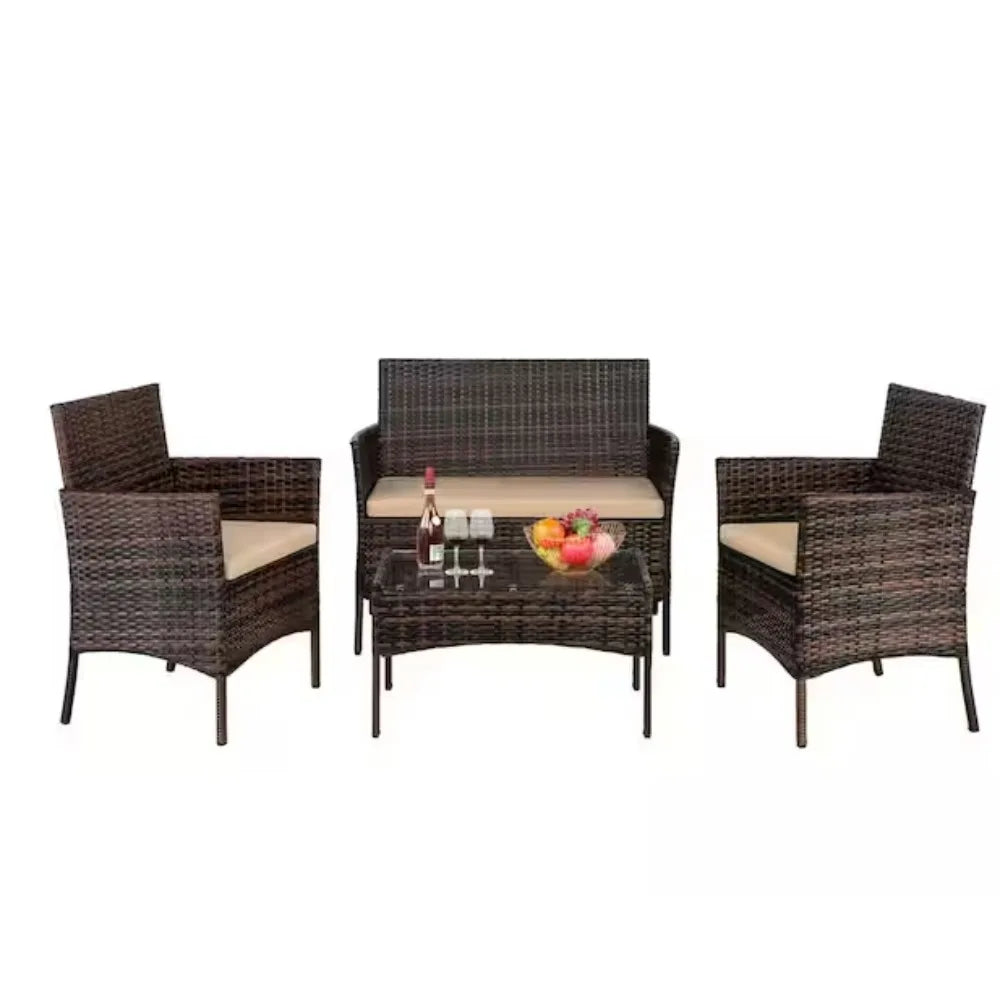Outdoor Furniture with Soft Cushion and Glass Table, All Weather Manual Weaving Wicker Rattan Patio Chairs for Garden