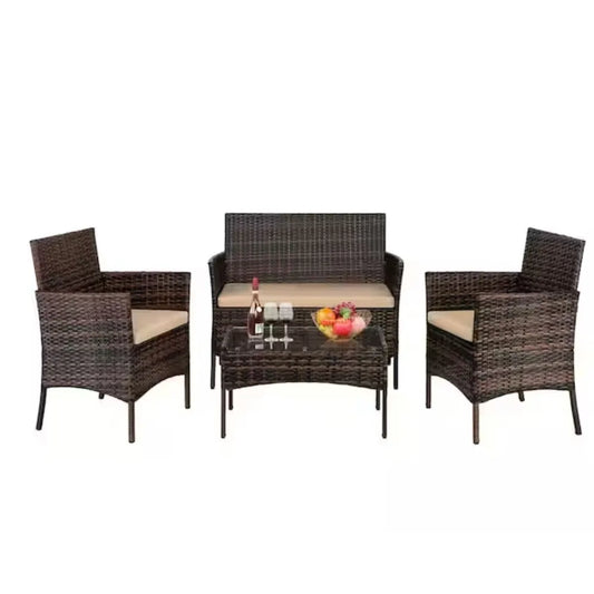 Outdoor Furniture with Soft Cushion and Glass Table, All Weather Manual Weaving Wicker Rattan Patio Chairs for Garden
