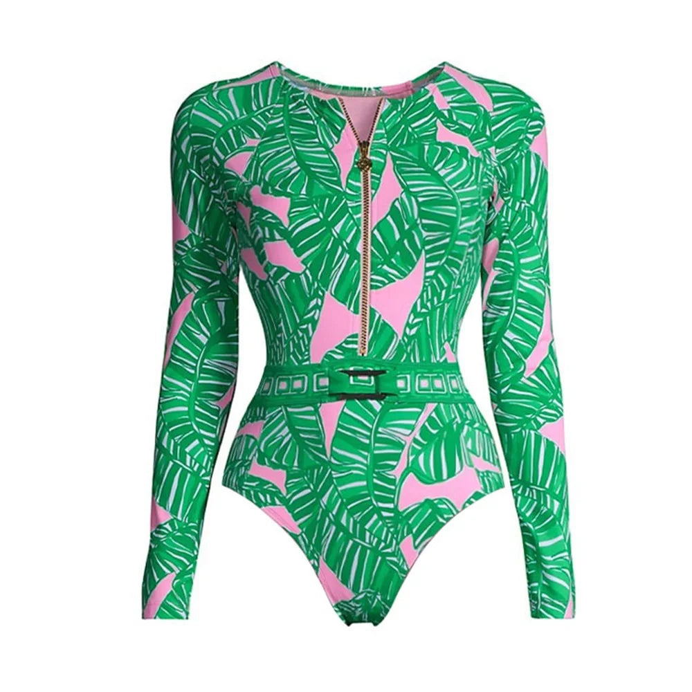 Printed Long Sleeve Swimsuit And Cover Up Sexy Swimwear Women Pink Leaves Swim Suit