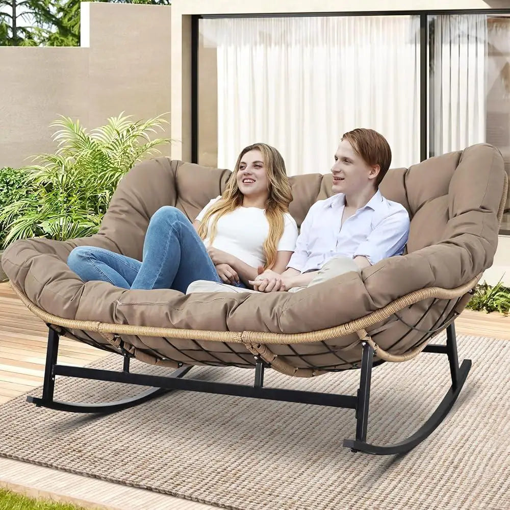 Double Rocking Chair Loveseat Indoor Outdoor Papasan Chair with Cushion 700lbs Weight Capacity