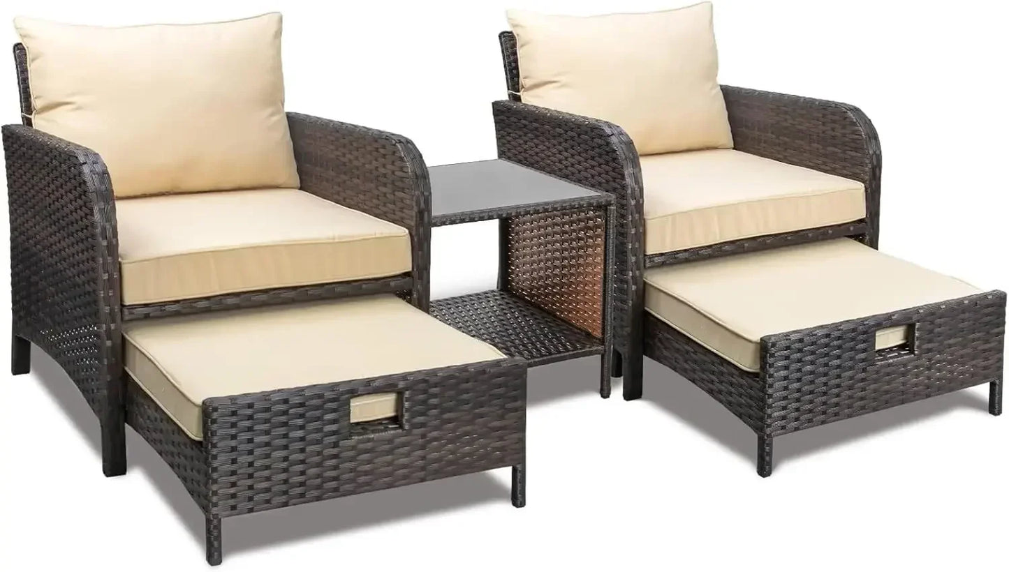 Balcony Furniture 5-Piece Patio Conversation Set – PE Wicker Lounge Chairs with Cushions, 2 Ottomans & Glass Table