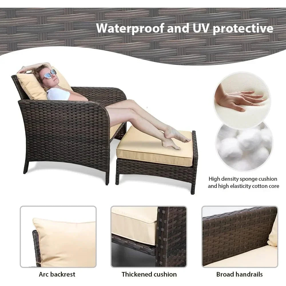 Balcony Furniture 5-Piece Patio Conversation Set – PE Wicker Lounge Chairs with Cushions, 2 Ottomans & Glass Table