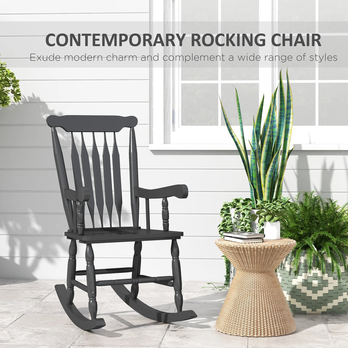 Outsunny 350 lbs Outdoor Wood Rocking Chair with High Back for Patio Black