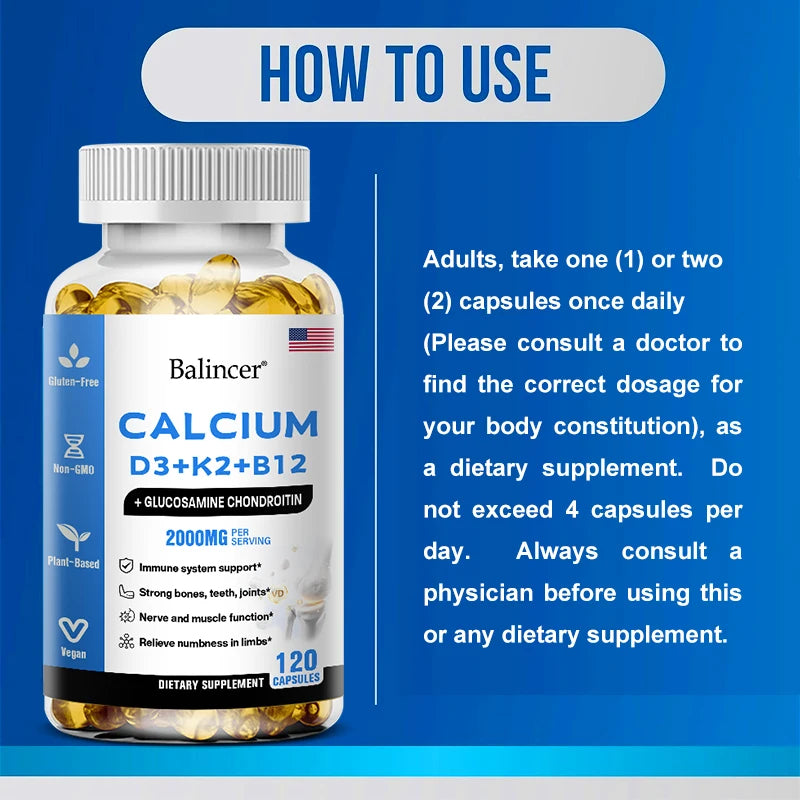 Calcium + D3 + K2 + B12 Capsules - Support Bone and Muscle Health, Replenish Joints