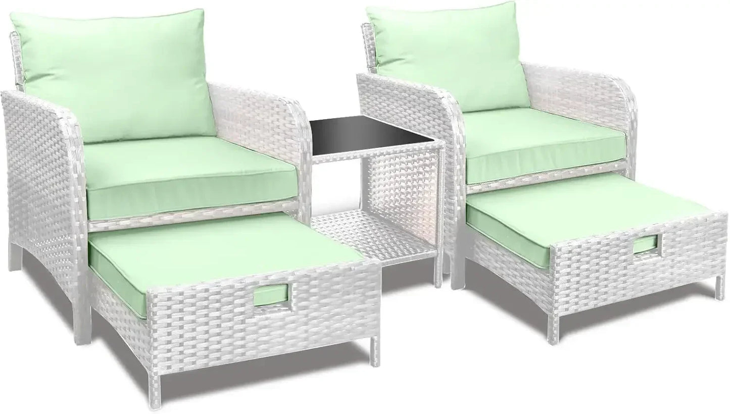 Balcony Furniture 5-Piece Patio Conversation Set – PE Wicker Lounge Chairs with Cushions, 2 Ottomans & Glass Table