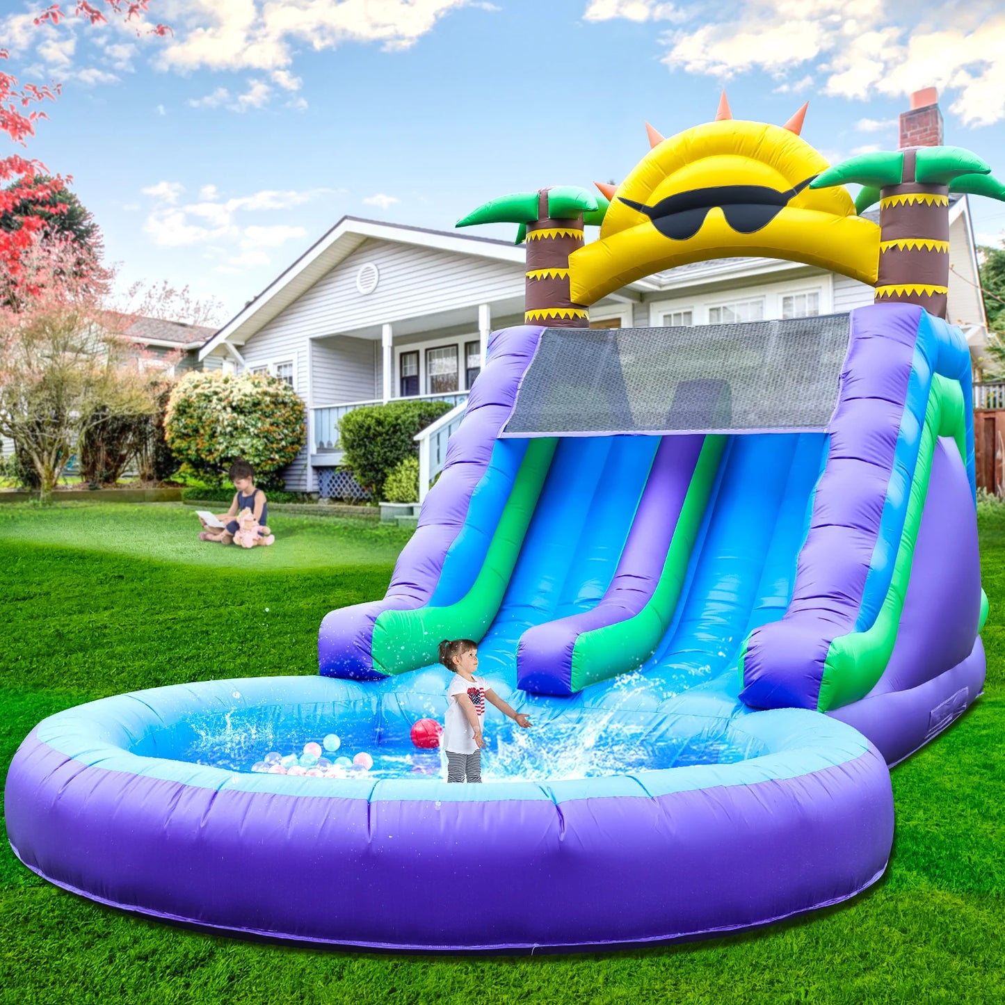 Inflatable Sun flower Outdoor Slides Air Bounce Water amusement Play Equipment  Double Slide Bubble Ball Pit