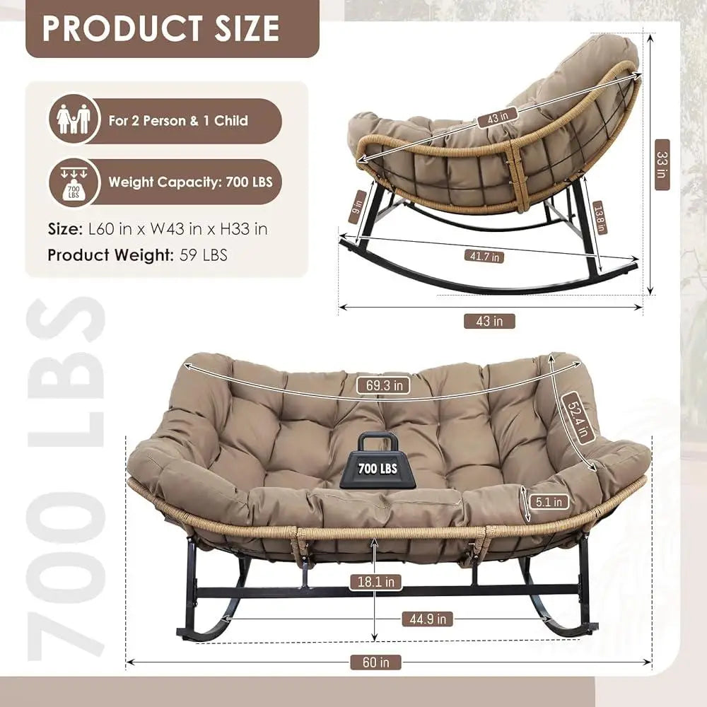 Double Rocking Chair Loveseat Indoor Outdoor Papasan Chair with Cushion 700lbs Weight Capacity