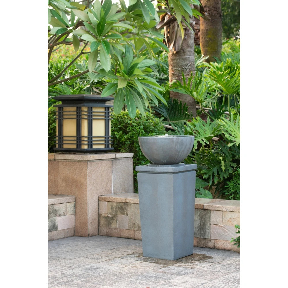 35.5" Polyresin Gray Zen Bowl Water Fountain, Outdoor Bird Feeder /Bath Fountains, Relaxing Water Feature for Garden Lawn