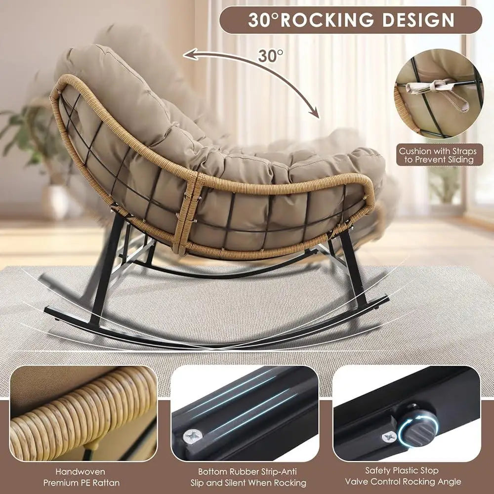 Double Rocking Chair Loveseat Indoor Outdoor Papasan Chair with Cushion 700lbs Weight Capacity