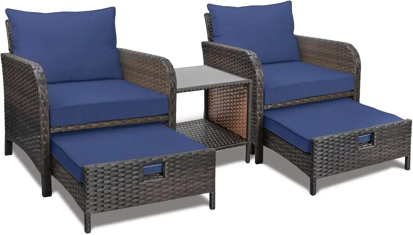 Balcony Furniture 5-Piece Patio Conversation Set – PE Wicker Lounge Chairs with Cushions, 2 Ottomans & Glass Table