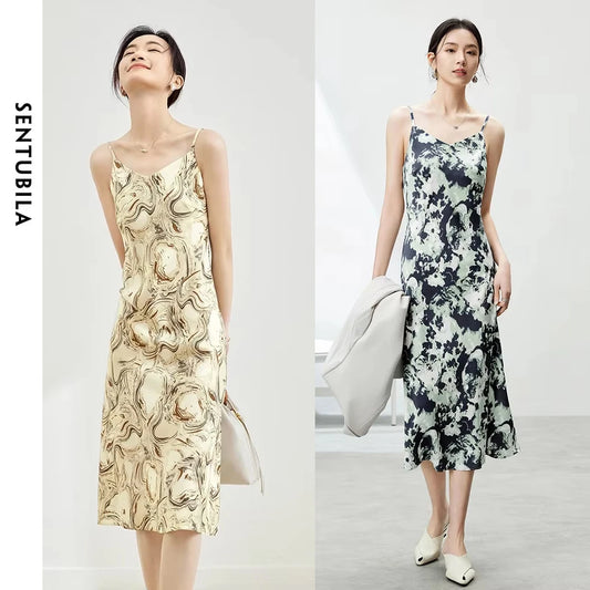 SENTUBILA Midi Print Slip Dresses Women 2025 Spring Summer  Fashion Sundress Elegant