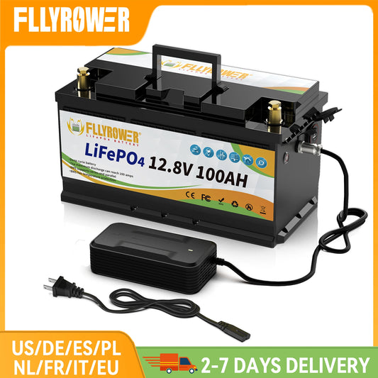 FLLYROWTH 12V 100Ah LiFePo4 Lithium Battery Pack 100A BMS  Motors Inverter Solar Wind