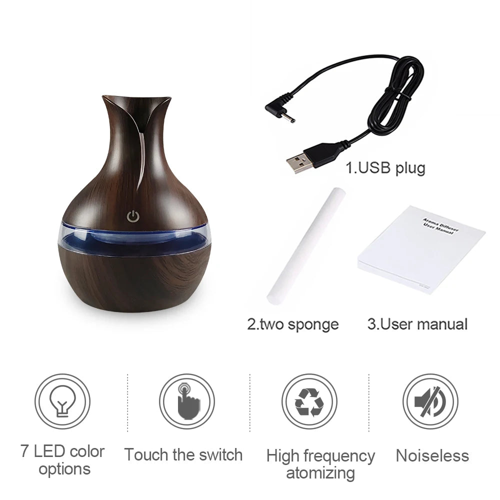 Air Humidifier with 7-Colors Mood LED Aromatherapy Diffuser 300ml Cool Mist Maker with USB Rechargeable