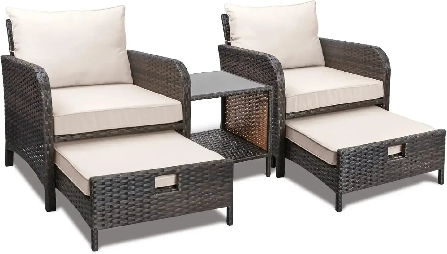 Balcony Furniture 5-Piece Patio Conversation Set – PE Wicker Lounge Chairs with Cushions, 2 Ottomans & Glass Table