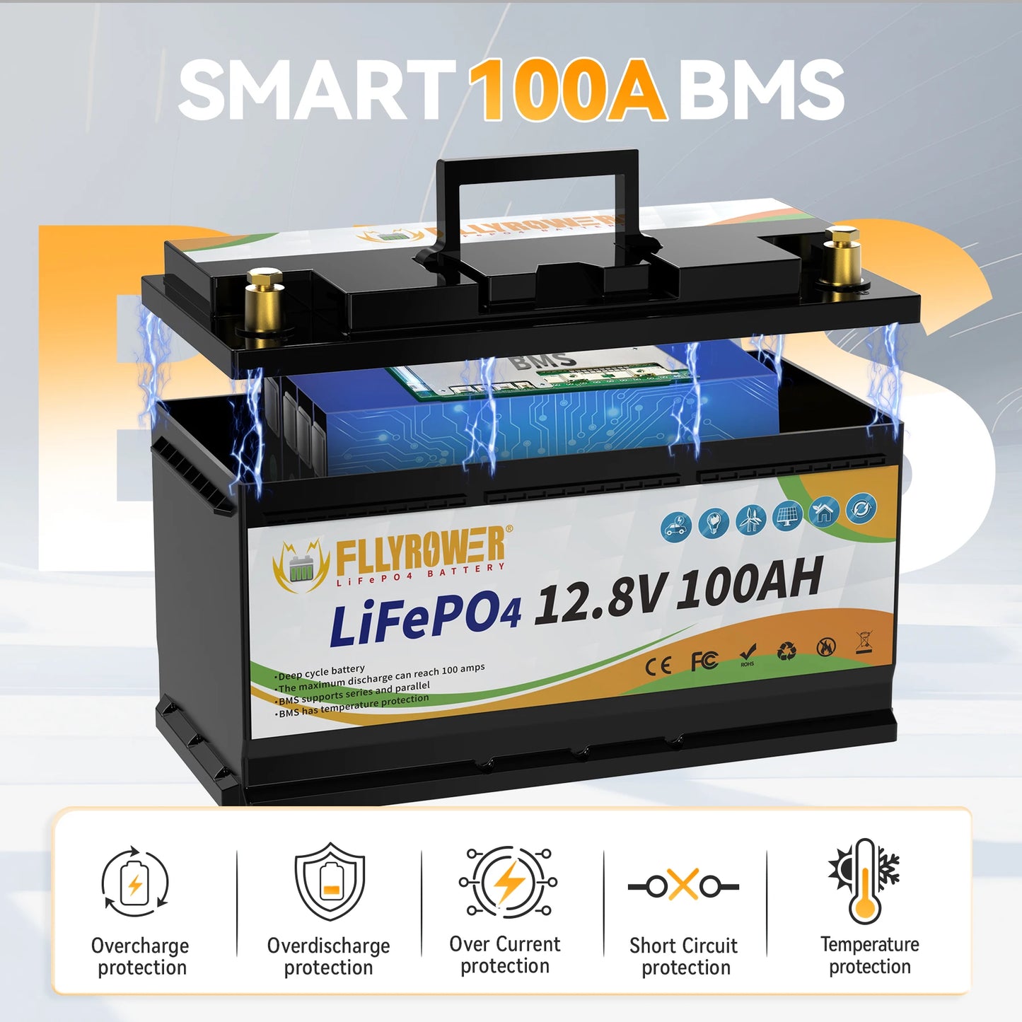 FLLYROWTH 12V 100Ah LiFePo4 Lithium Battery Pack 100A BMS  Motors Inverter Solar Wind