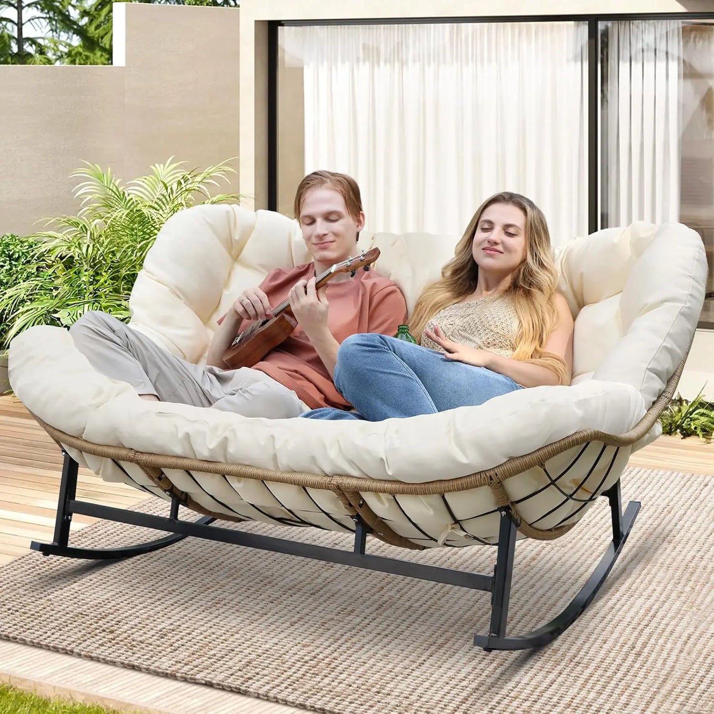 Double Rocking Chair Loveseat Indoor Outdoor Papasan Chair with Cushion 700lbs Weight Capacity