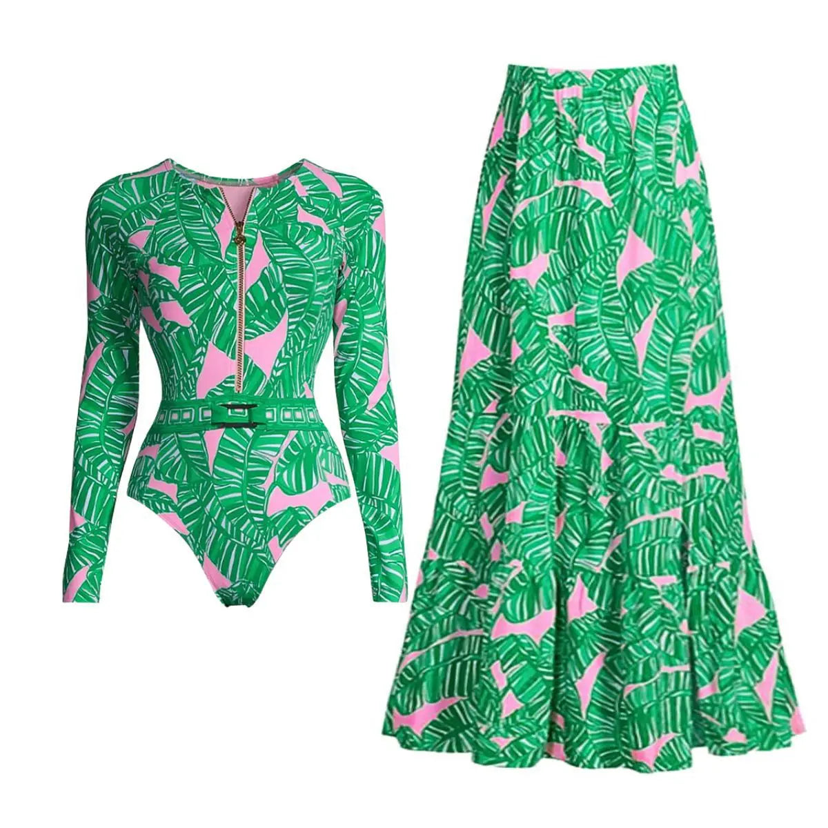 Printed Long Sleeve Swimsuit And Cover Up Sexy Swimwear Women Pink Leaves Swim Suit
