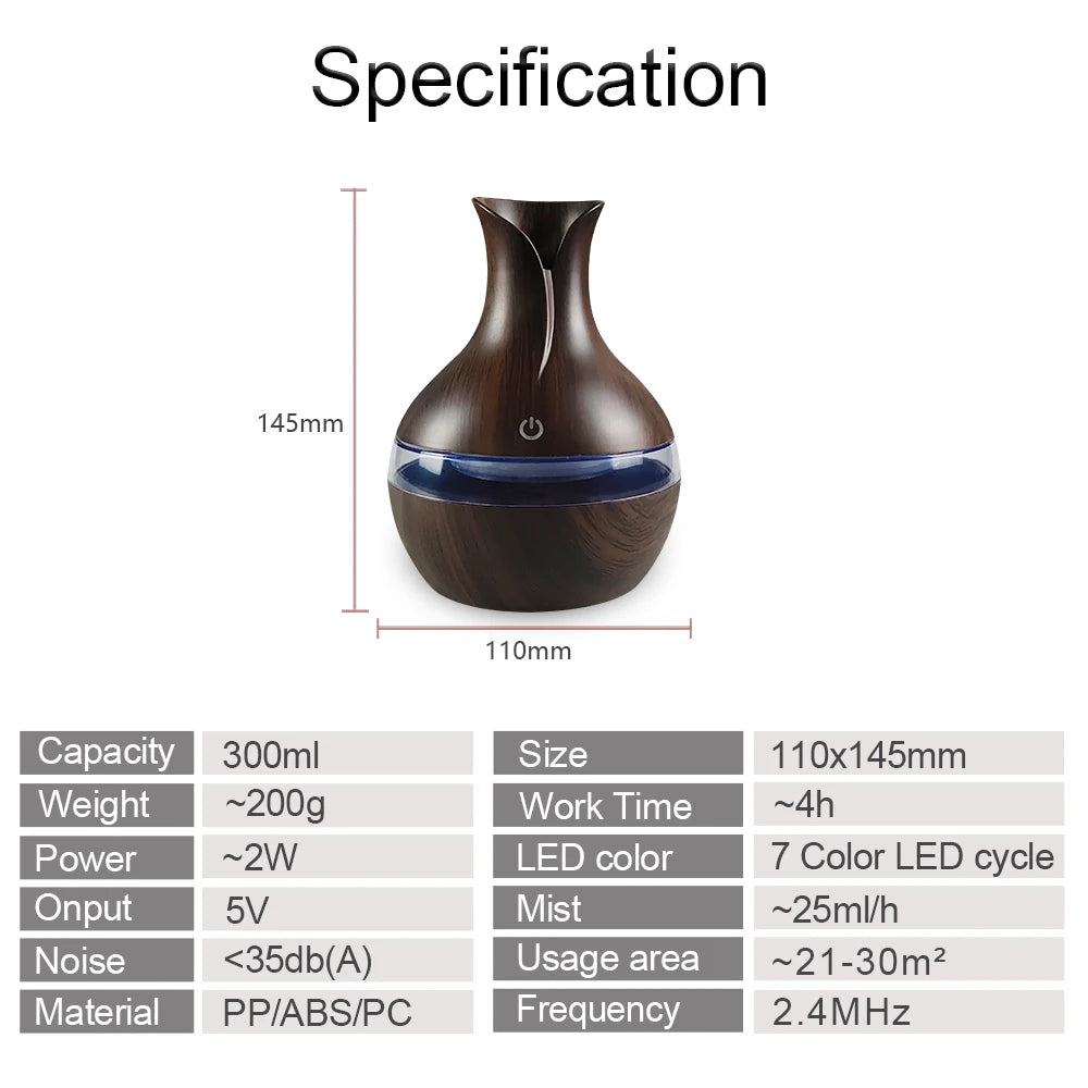 Air Humidifier with 7-Colors Mood LED Aromatherapy Diffuser 300ml Cool Mist Maker with USB Rechargeable