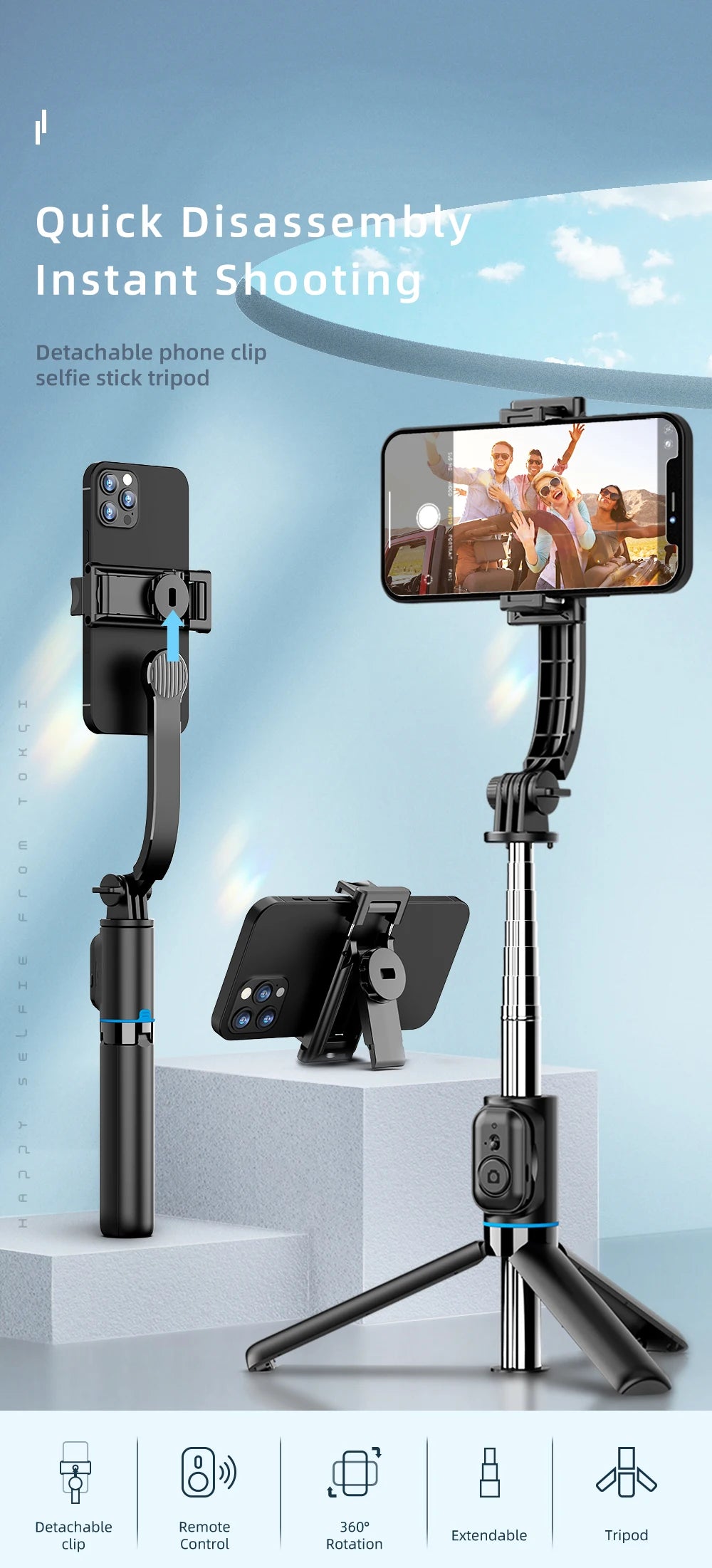 W&O C01 Telescopic Selfie Stick Tripod Monopod Stand Mobile Phone Support Wireless Gimbal Stabilizer Holder