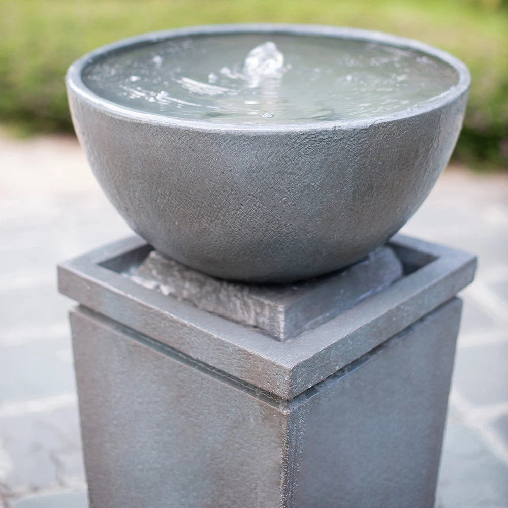 35.5" Polyresin Gray Zen Bowl Water Fountain, Outdoor Bird Feeder /Bath Fountains, Relaxing Water Feature for Garden Lawn