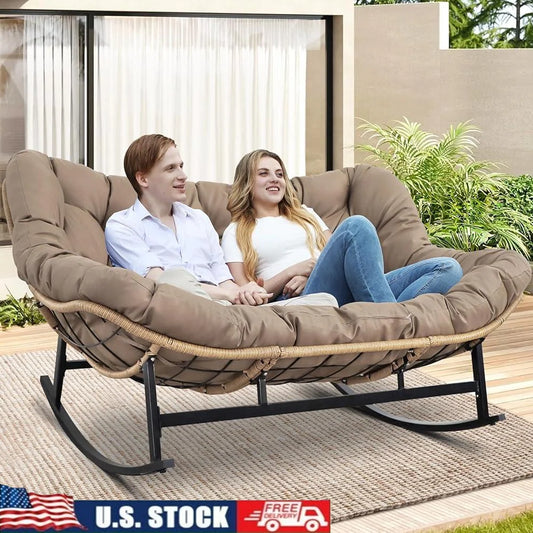 Double Rocking Chair Loveseat Indoor Outdoor Papasan Chair with Cushion 700lbs Weight Capacity