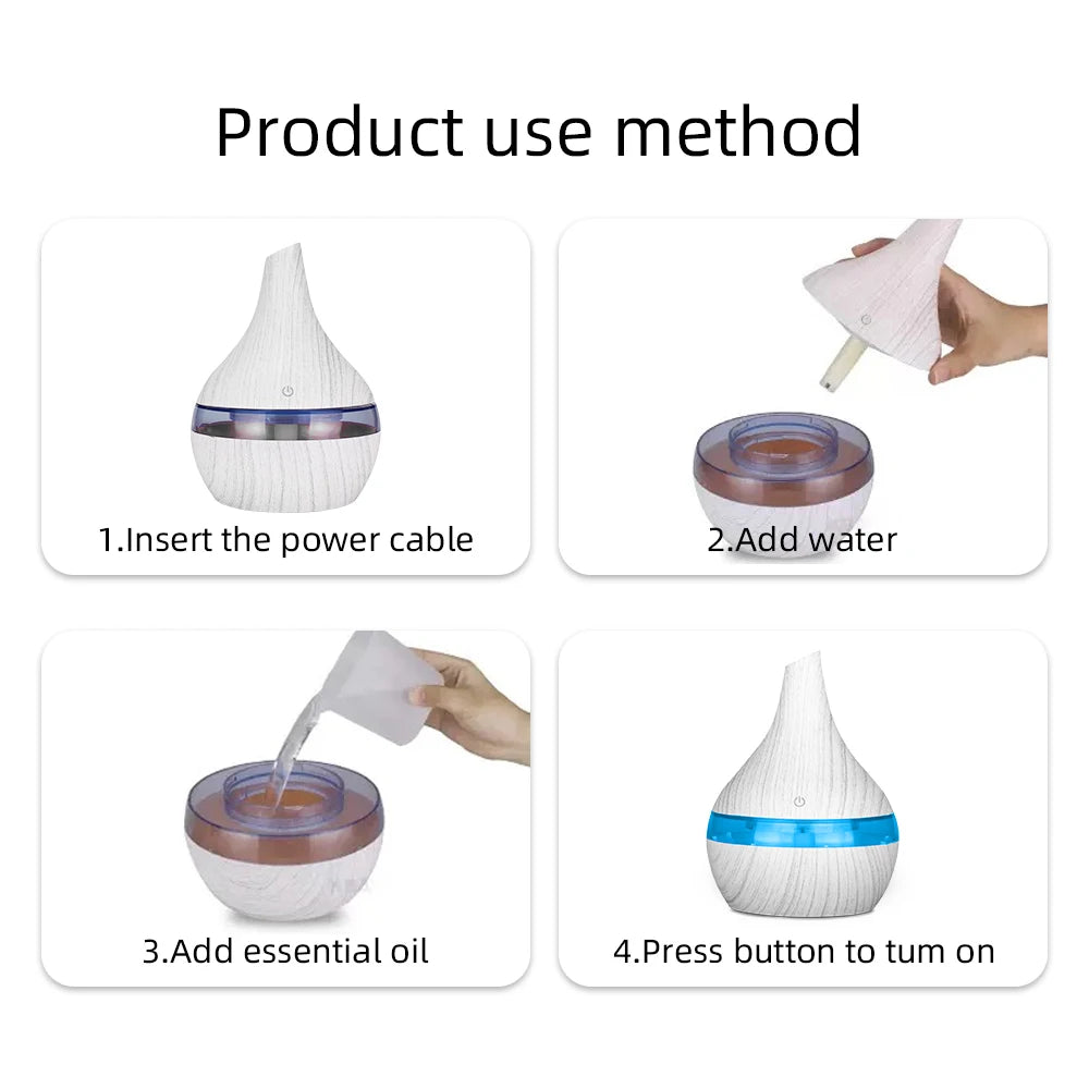 300ml USB Essential Oil Diffusers Ultrasonic Air Humidifier with 7-Color LED lights Cool Mist Maker